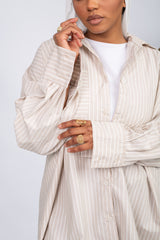 Woman wearing a lined chemise with long sleeves