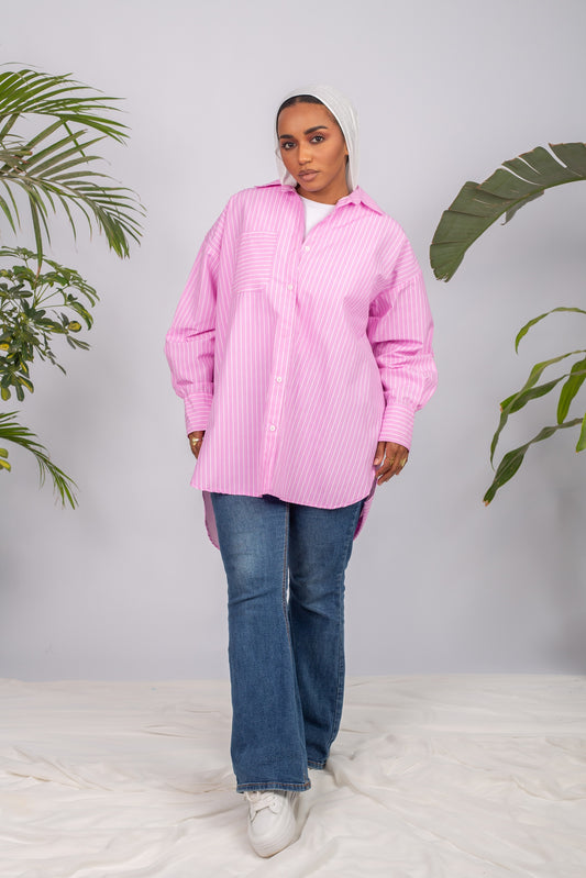 Pink lined chemise with long sleeves and modest fit