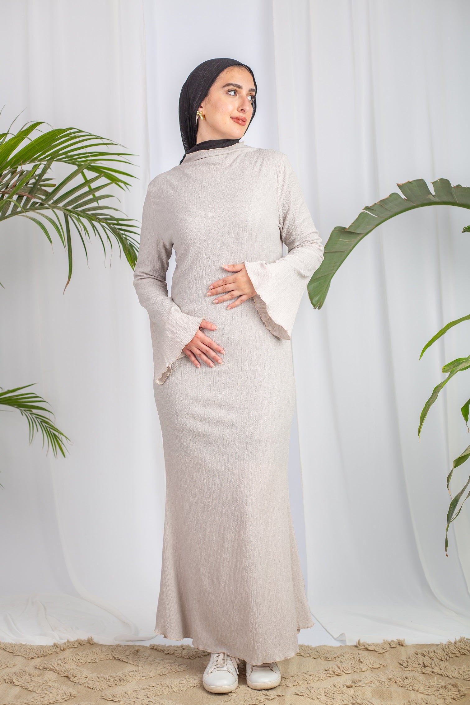 Long-Sleeve Maxi Dress in Beige 
from Bezravoga – modest, lightweight, breathab