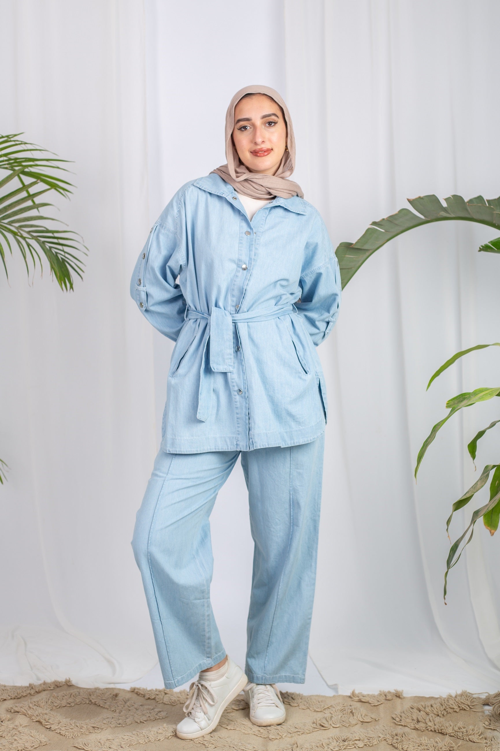 Lounge Set – denim shirt with belt and wide-leg pants