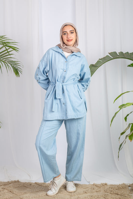 Lounge Set – denim shirt with belt and wide-leg pants