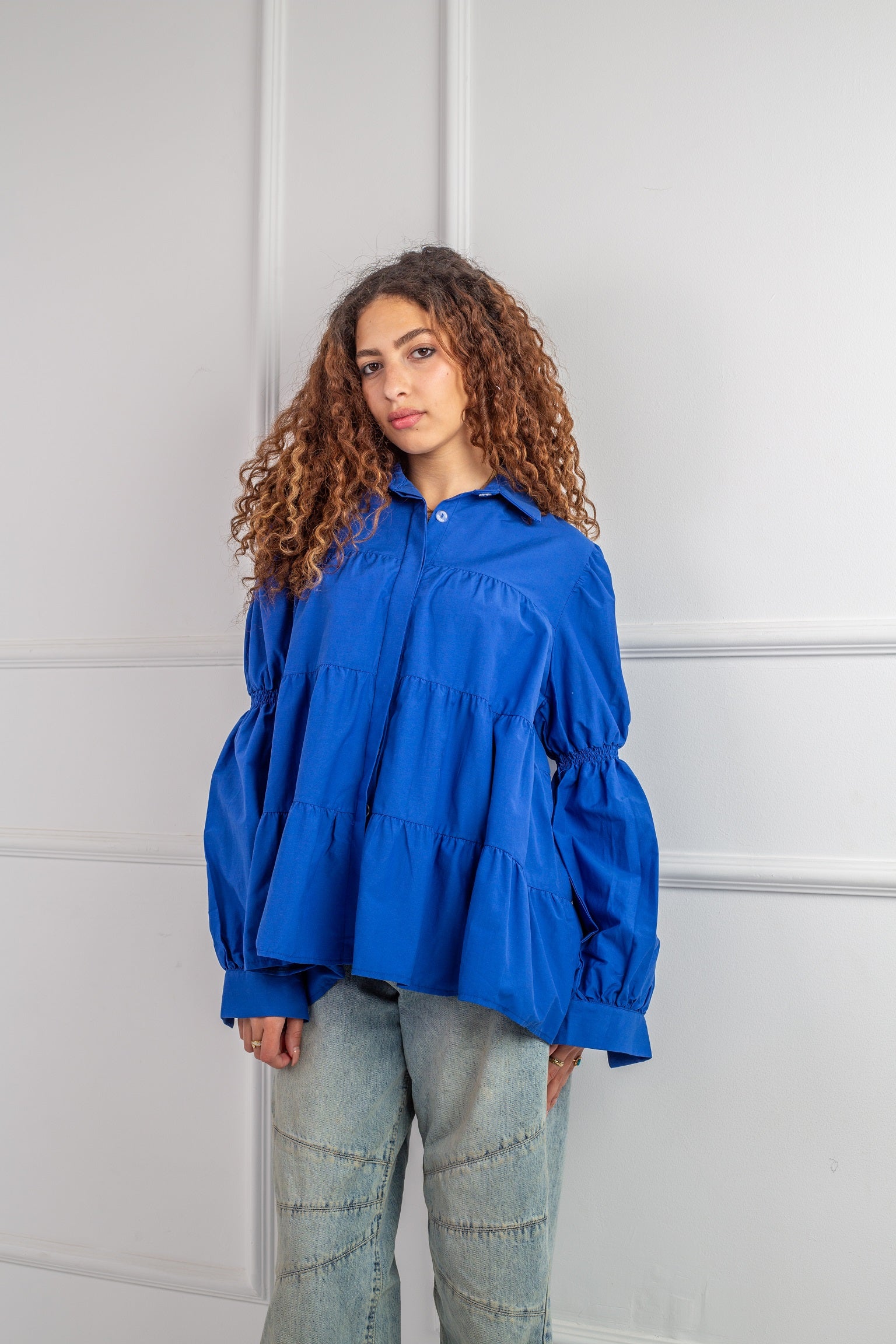 Dolce Chemise in Royal Blue– elegant, tiered cut, statement sleeves