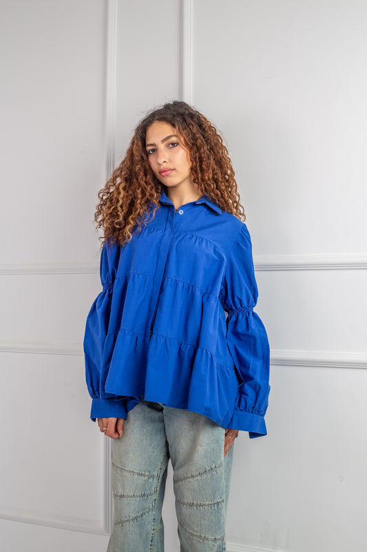 Dolce Chemise in Royal Blue– elegant, tiered cut, statement sleeves