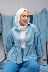 Sky Chemise in light blue – denim shirt with balloon sleeves and gathered