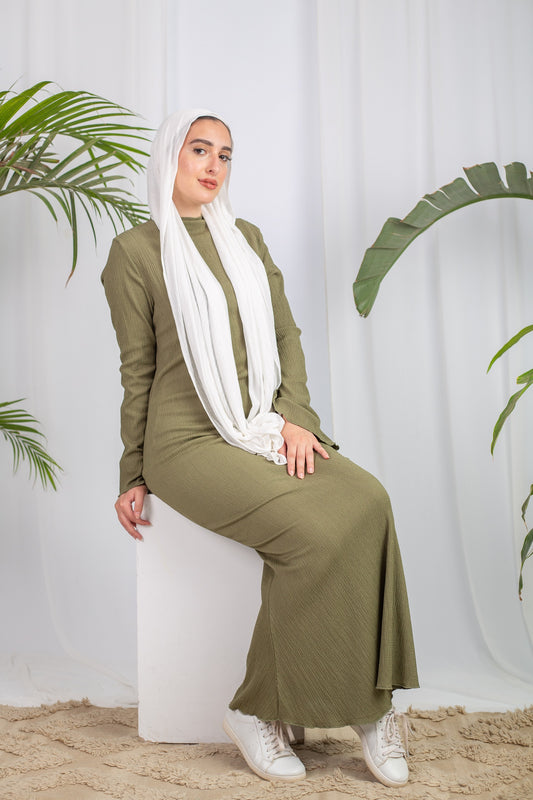 Long-Sleeve Maxi Dress in Olive from Bezravoga – modest, lightweight