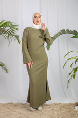 Long-Sleeve Maxi Dress in Olive from Bezravoga – modest, lightweight, breathab