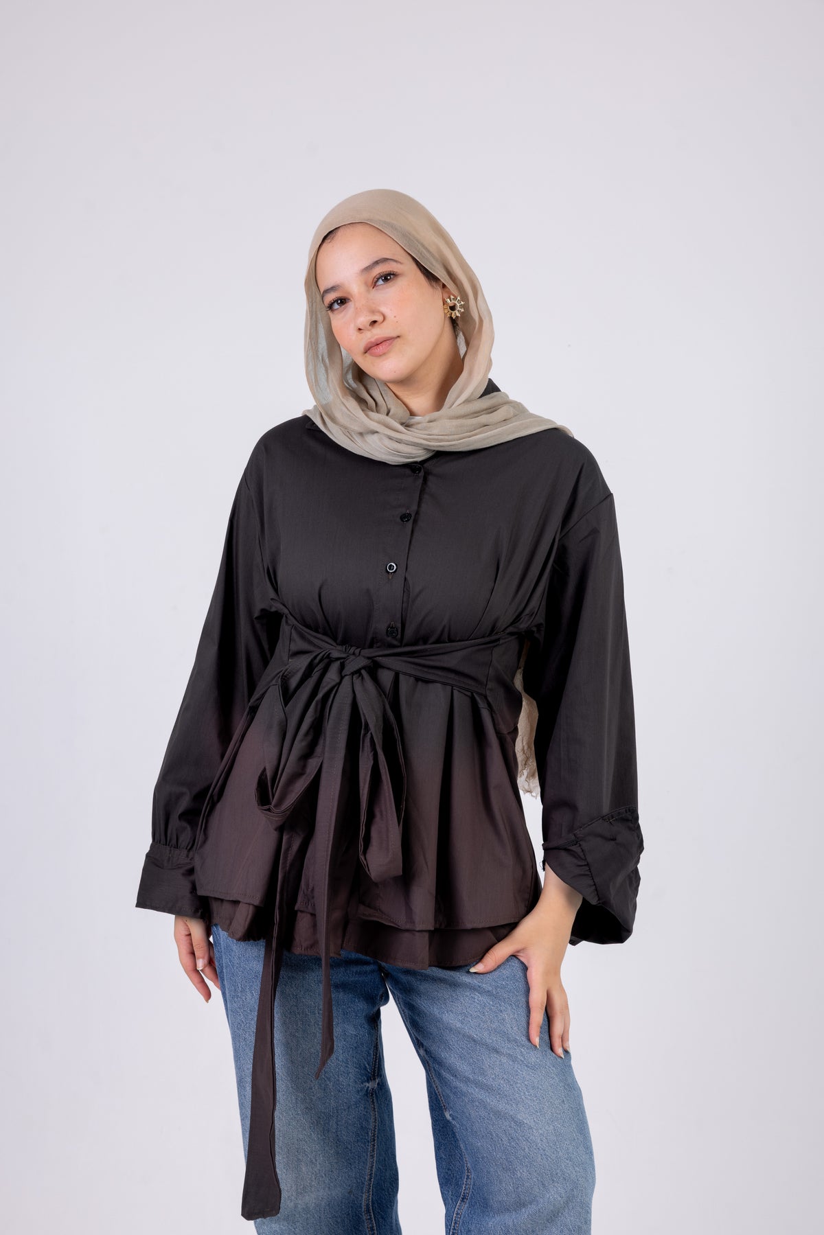 Poplin Shirt with Waist Tie Belt