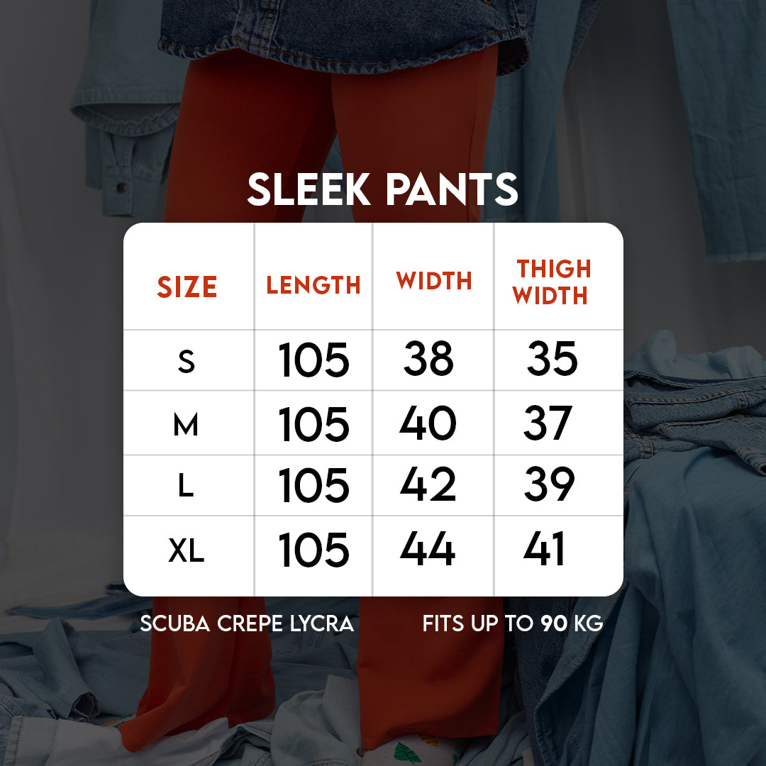 Size chart for Sleek Fit Pants_Black