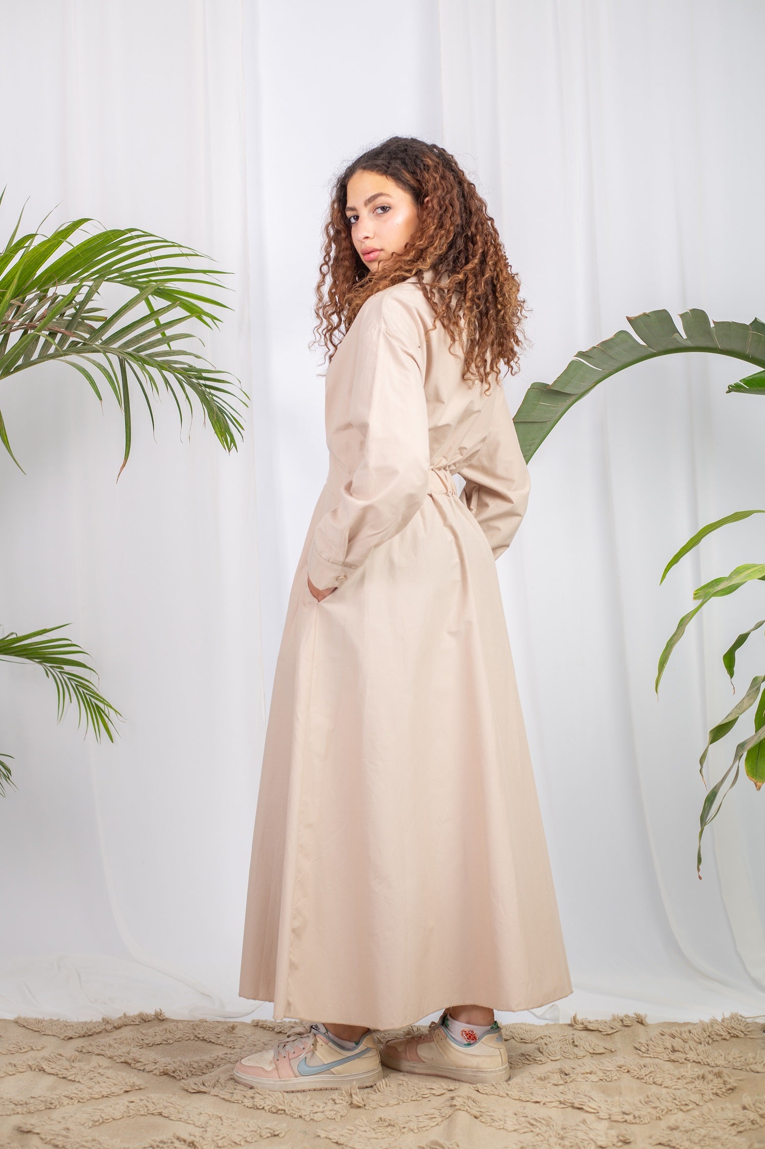 Orla Dress in Beige – full-length, tailored fit, elegant