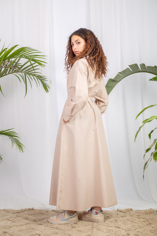Orla Dress in Beige – full-length, tailored fit, elegant